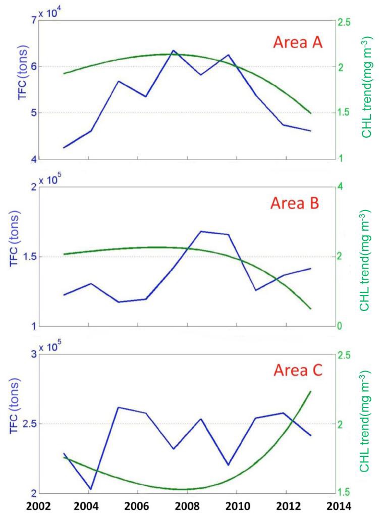 동해 연안 세 지점(A~C)에서의 연간 총 어획량의 변화(청색)와 클로로필-a 농도 비선형 추세(녹색)