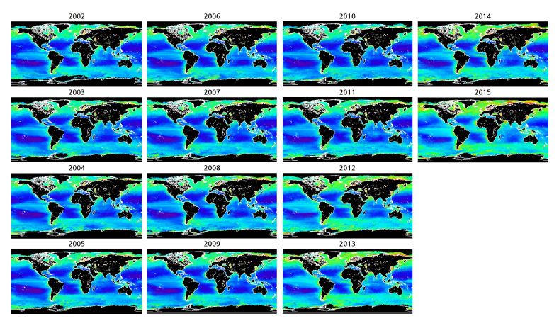 MODIS/Aqua를 통해 관측한 2002년 6월부터 2015년 10월까지의 연평균 클로로필-a 농도