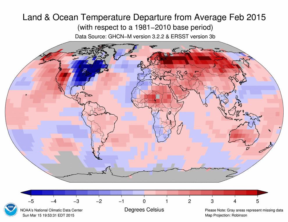 미국 NOAA NCDC/NESDIS의 전지구 1981~2015년 연평균 온도와 2015년 2월 상대적 이상값의 분포