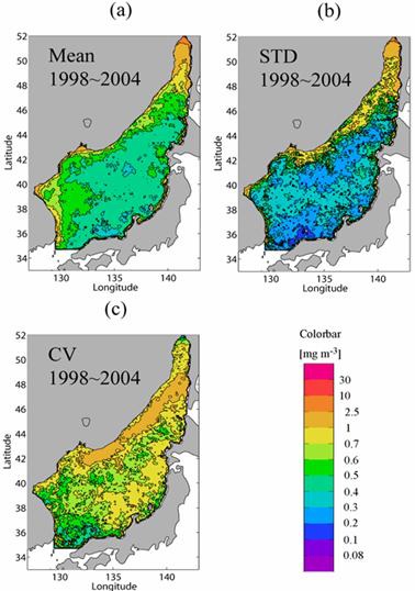 해양에서의 클로로필 시공간 분포의 예