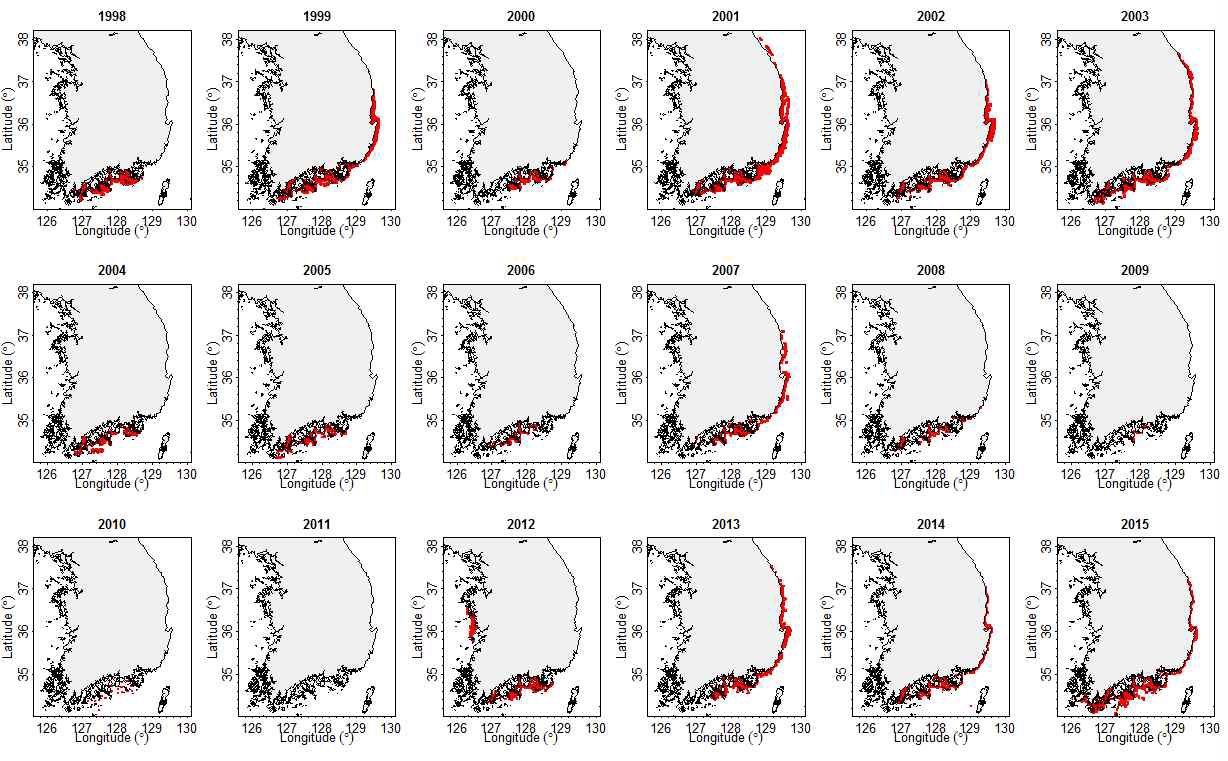 1998 ~ 2015년 한반도 전 해역의 적조 발생 공간적 분포.