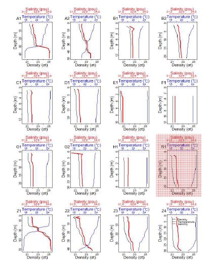 2015년 8월 수온(℃ ), 염분(psu ), 밀도(σt , kgm-3 )의 수직 분포.