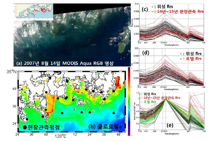 2007년 8월 14일 적조 발생에서 관측된 (a) MODIS Aqua RGB 영상, (b) 엽록소 a 농도, (c) 적조 추정되는 위성 반사도와 현장관측 반사도, (d) 위성 반사도와 모델 반사도, (e) 위성-현장-모델 반사도를 547nm로 normalize한 스펙트럼.