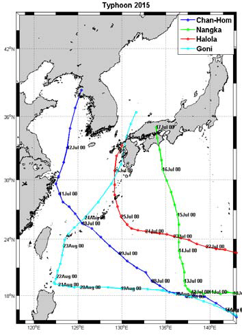 2015년 한반도 영향 4개 태풍 궤적.