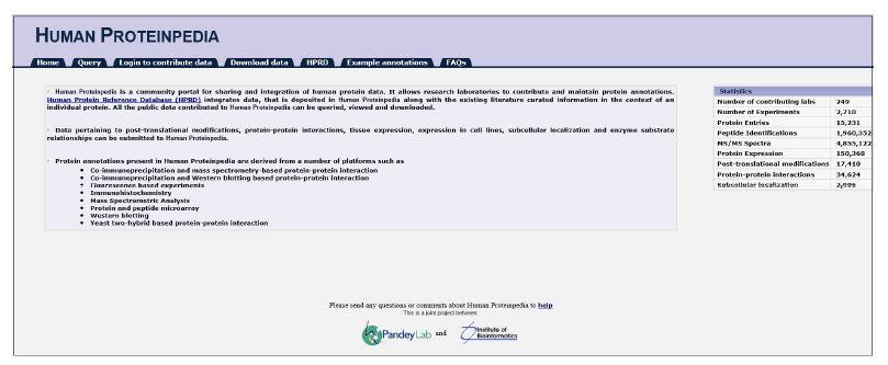 Human Proteinpedia 홈페이지 화면