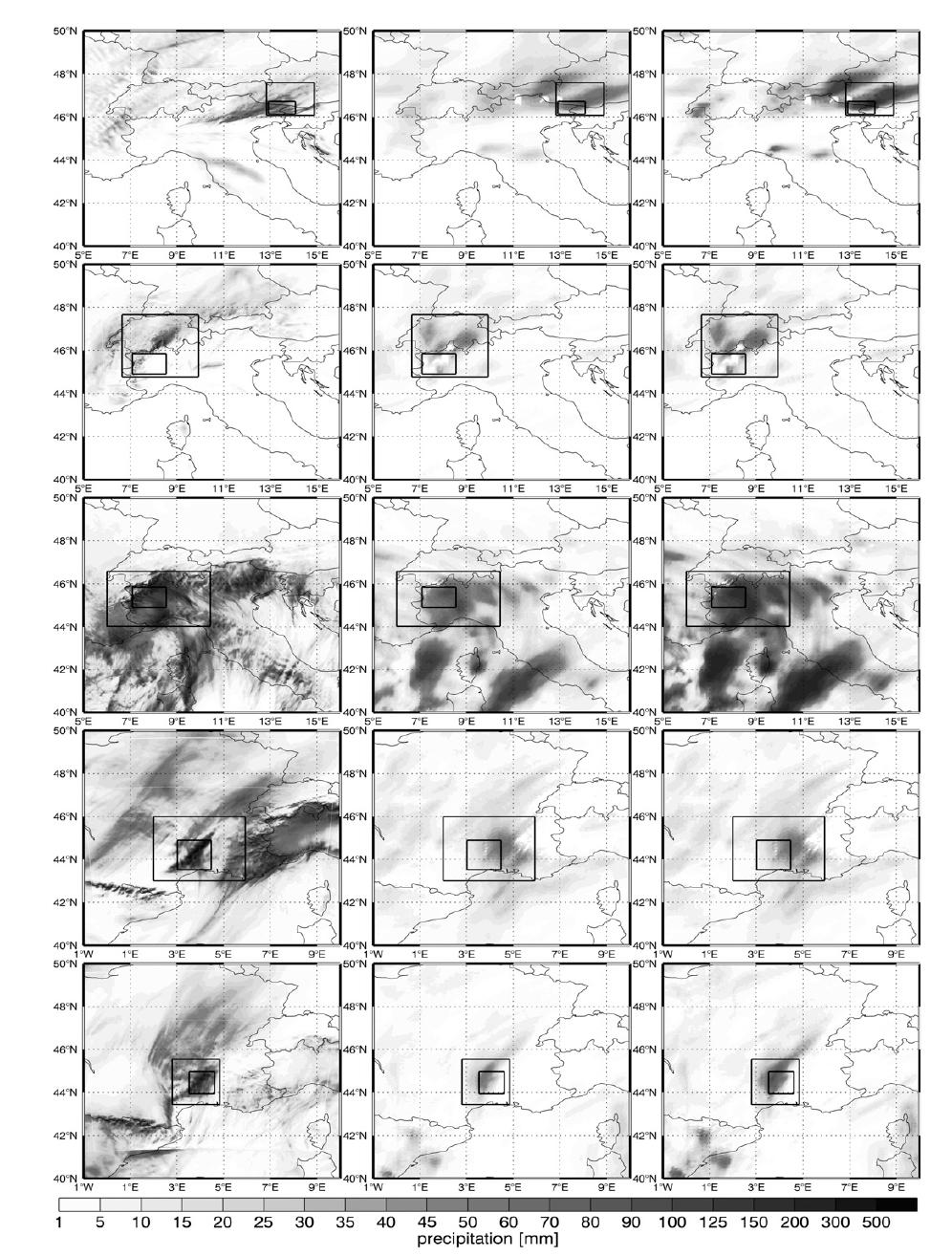 Accumulated rainfall maps for each five storm event. WRF maps (left), CMOPRH maps (middle), the adjusted CMORPH maps (right). The area encompassed by the outer rectangle box is the fitting domain; the area encompassed by the inner rectangle box is the radar domain for the error analyses.