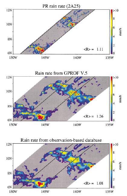 The TRMM PR rain rate (2A25), rainfall retrieval from the operational TRMM TMI (2A12), and rainfall from the parametric retrieval algorithm