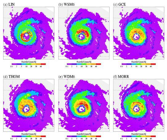 Retrieved rain rates for Typhoon Sudal from six different a-priori databases using six microphysics schemes.