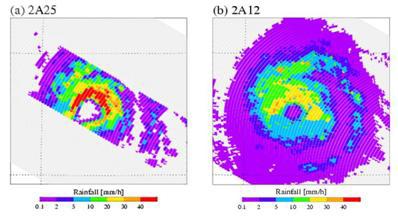 TRMM observations of Typhoon Sudal, (a) TRMM PR rain rate, (b) TRMM GPROF rain rate