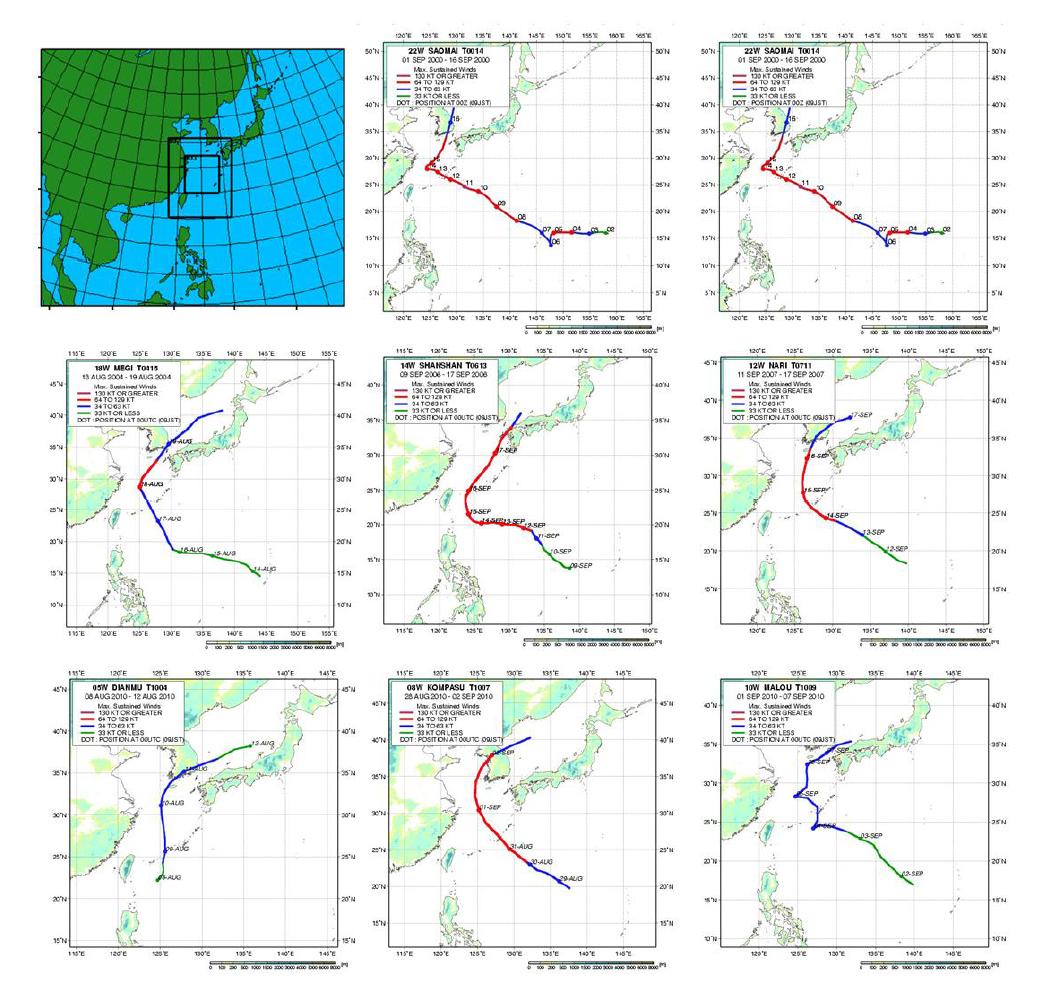 Selected typhoon tracks (http://sharaku.eorc.jaxa.jp/TYP_DB/index_e.shtml) and WRF simulation domain