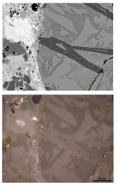 그림 3-4-7. 운석 박편의 반사현미경 사진(2). 개선된 방법으로 연마한 운석의 반사현미경 사진(위)과 전자현미경 후방산란전자 이미지 (아래) 비교. 스케일바는 50 마이크로미터.