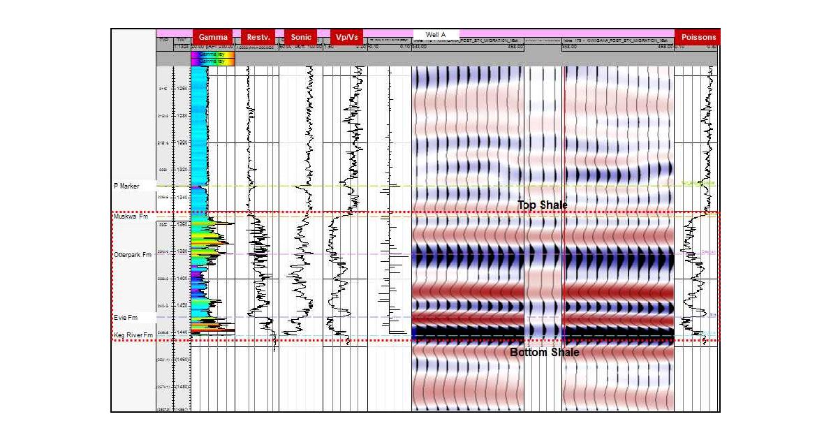 Synthetic seismogram using sonic and density log from Well #A in the Horn River Basin, Canada.