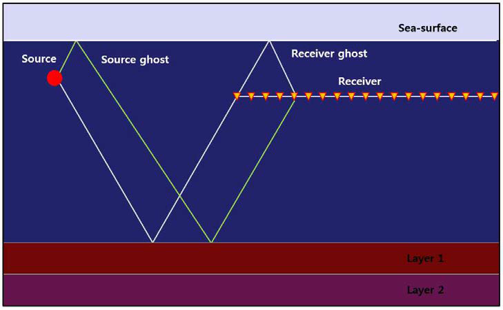 Source-side ghost and receiver-side ghost.