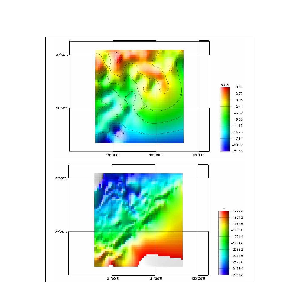 Altimeter satellite freeair anomaly (up) and bathymetry (down).