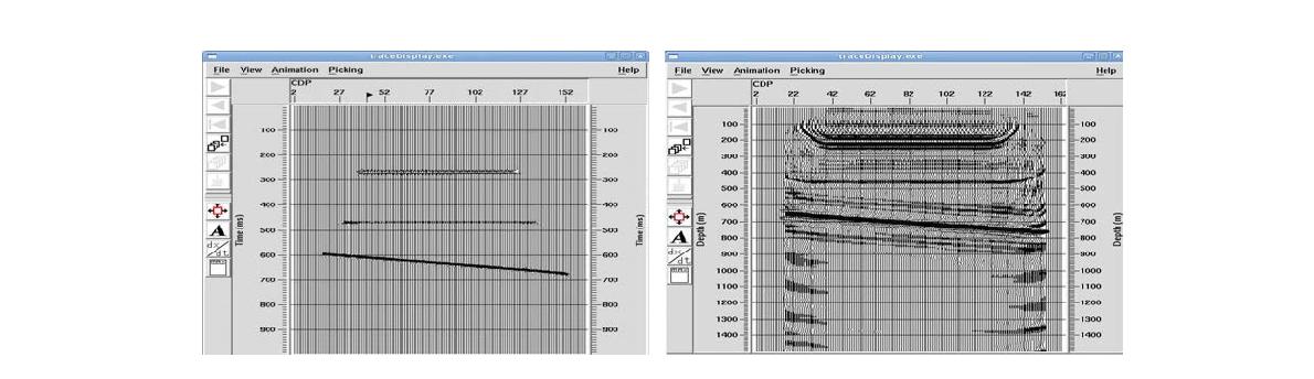 (left) Stack section for PP after elevation static and (right) depth migrated section for PP data.