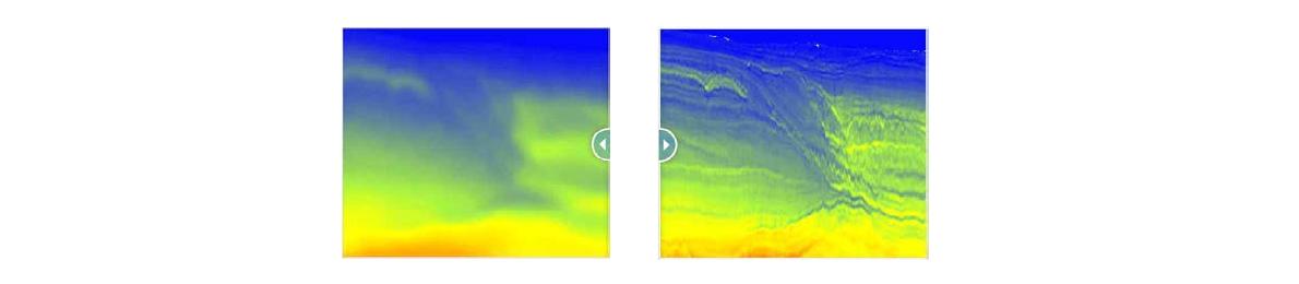 FWI example from Schlumberger website. Left shows the velocity from standard PSDM tomography and right figure shows the result from FWI