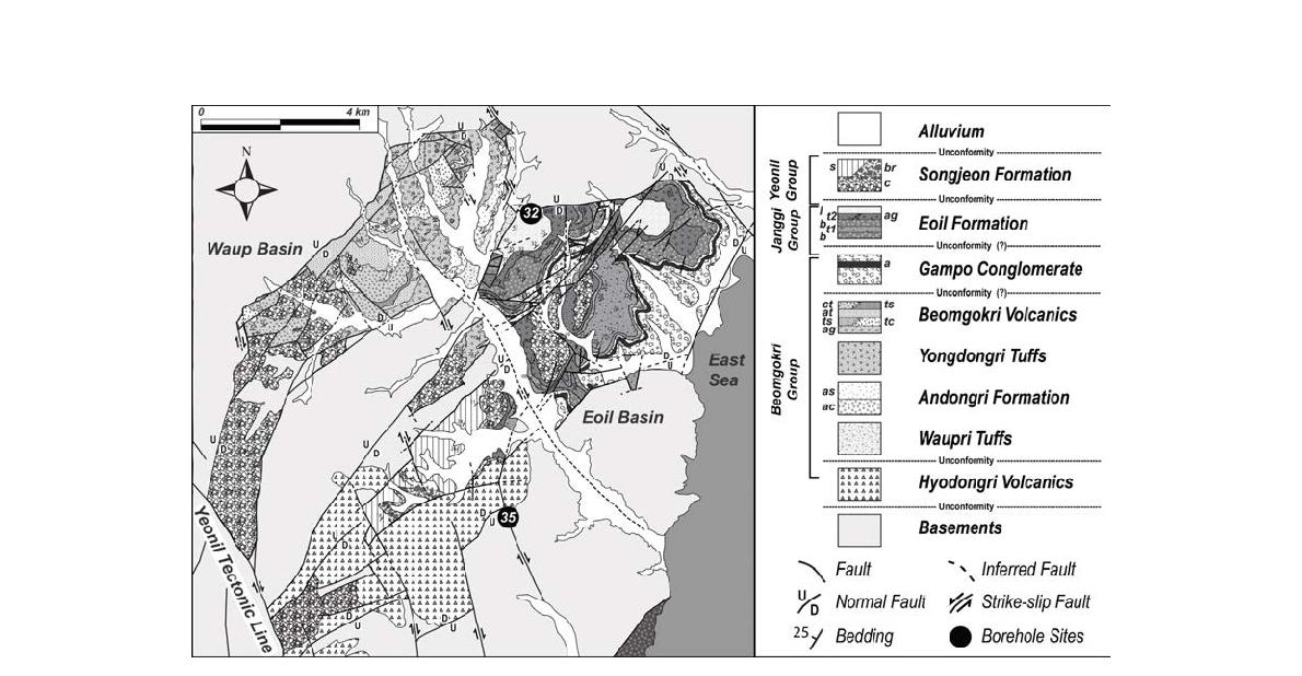 Geologic map of the Gampo area showing the general geology and location of the exploration drilling sites