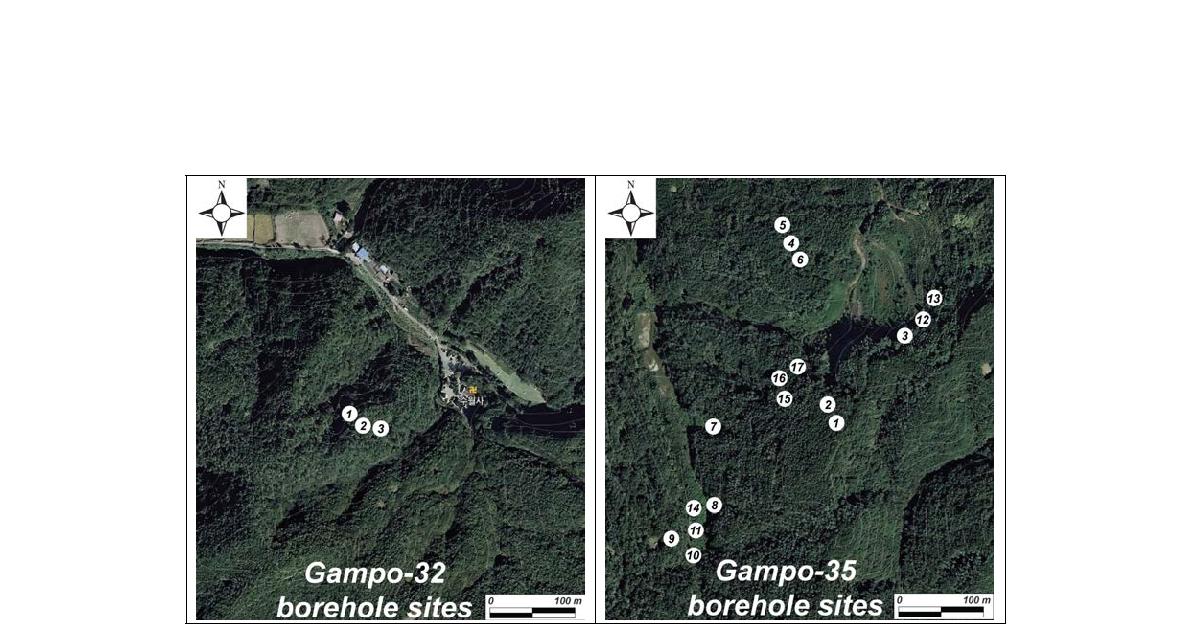 Topographic map showing the drilling holes at the Gampo 32 and 35 areas