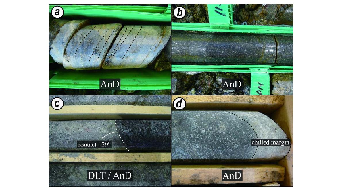 (a) Andesitic dyke showing the flow joint parallel or subparallel to boundary with surrounding rock (Drill hole 35-12). (b) The andesitic dyke consists of plagioclase in phenocryst (Drill hole 35-1). (c) The andesitic dyke intruding the dacitic lithic tuff (Drill hole 35-7). (d) Chilled margine between the andesitic dyke and surrounding rock (Drill hole 35-8)