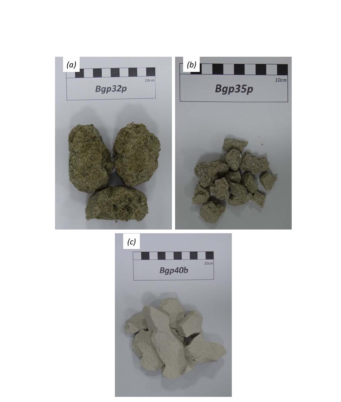 양북면 일대에서 채취한 연구 표품의 암석 사진 (a) Bgp32p; (b)Bgp35p; (c) Bgp 40b