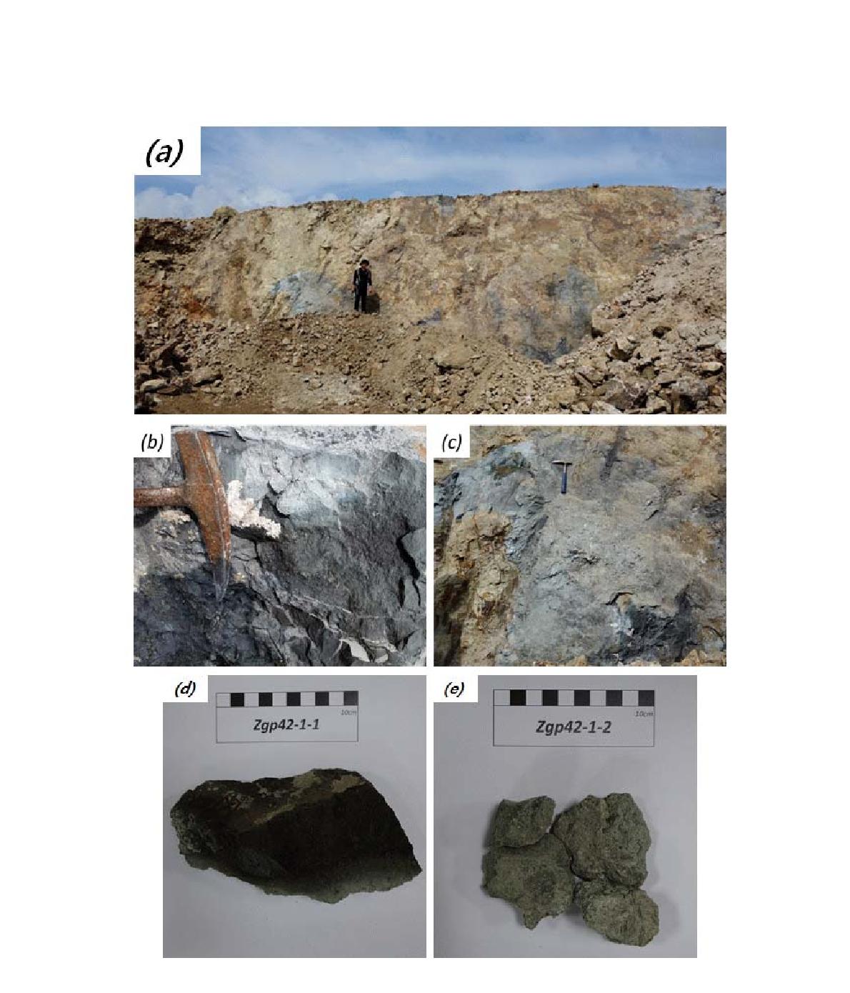양북면 일대에 분포하는 (a), (b), (c) 표품 Zgp42-1-1과 Zgp42-1-2의 노두 사진; (d) 표품 Zgp42-1-1의 암석 사진; (e) 표품 Zgp42-1-2의 암석 사진
