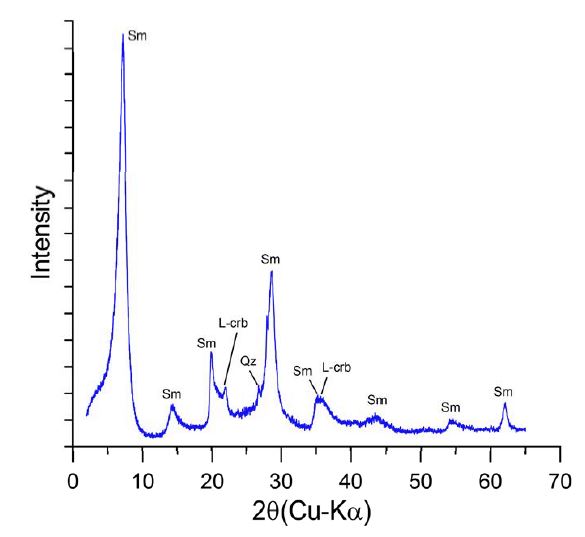 X-ray diffraction result of Na-saturated SMECTA. Sm; smectite, L-crb; low cristobalite, and Qz; quartz