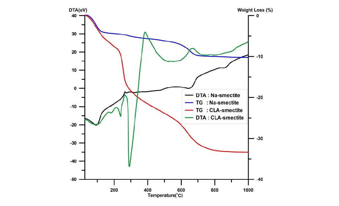 TG-DTA curves of Na-smectite and CLA-smectite composite