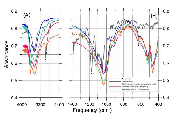 FT-IR spectra of clarithromycin-intercalated smectite composites before and after batch releasing test with pH=1.2 and 7.4 solutions. Spectra between 2400 and 4000(A) and between 400 and 1400(B) frequency regions