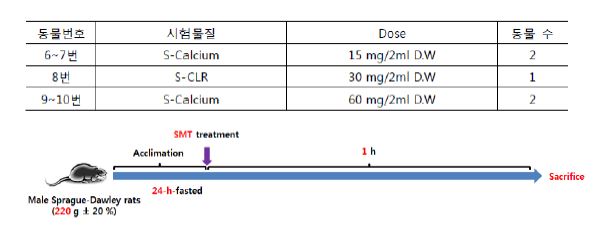 6~10번 동물 - 증류수마다 시료 농도를 다르게 하고, 경구투여 후 1시간 뒤 부검하여 위 도포 상태를 확인