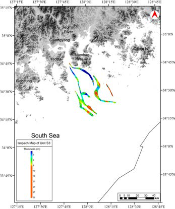 Isopach map of unit S3. The thickness of unit S3 ranges from less than 3 m to over 25 m. Contour interval in meters