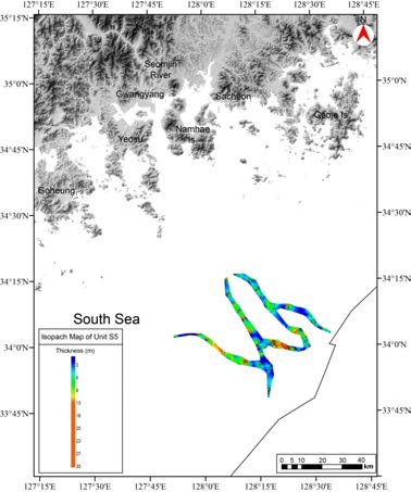 Isopach map of unit S5. The thickness of unit S5 ranges from less than 3 m to over 25 m. Contour interval in meters