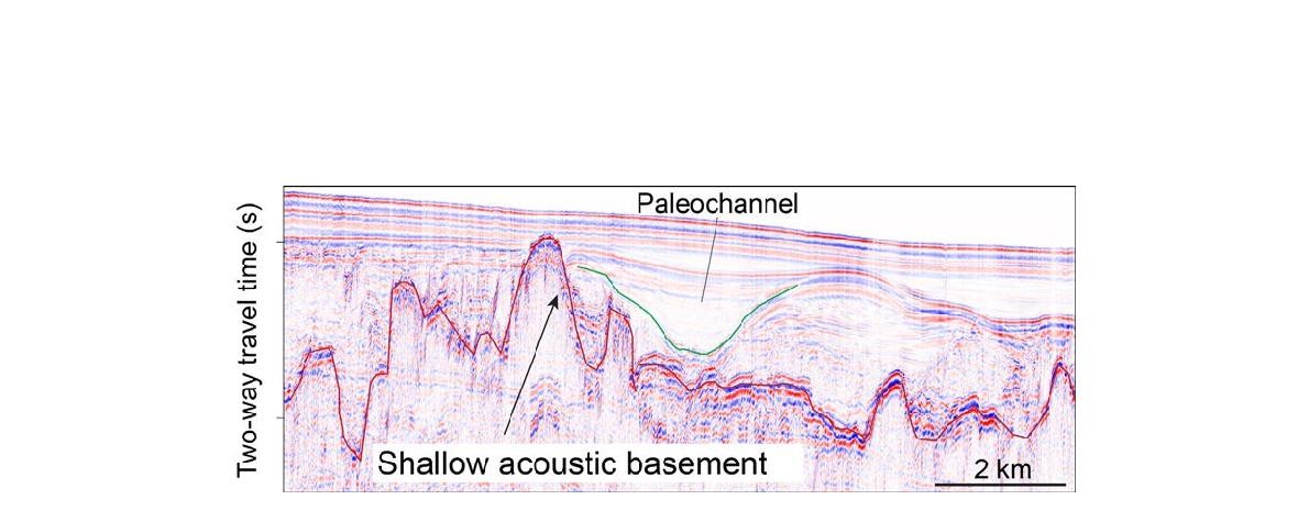 Sparker profile of 15PCT-07 showing shallow acoustic basement with paleo-channel in the inner shelf of South Sea