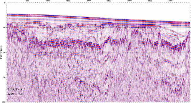 Sparker seismic profile of line 15PCT-06 showing parallel inner reflectors (yellow square) in the inner shelf of the South Sea