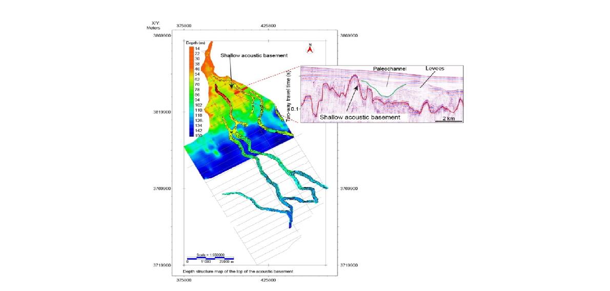 Depth structure map of the acoustic basement including the paleo-channel distribution