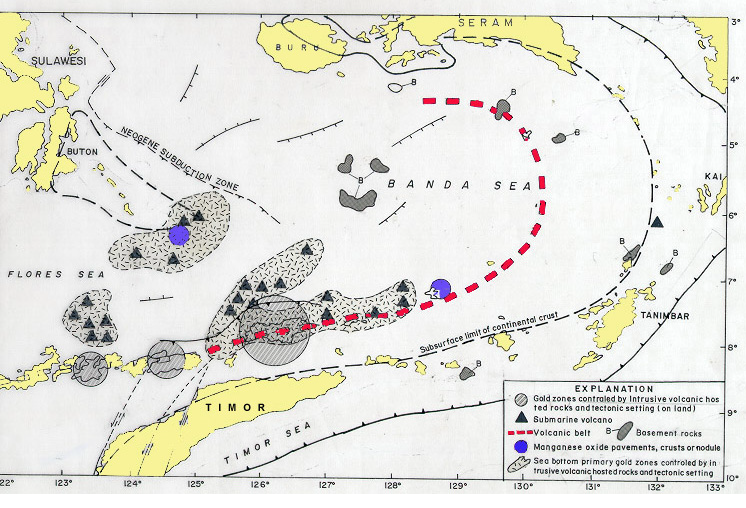 The possible areas for primary seafloor gold zone of Flores sea