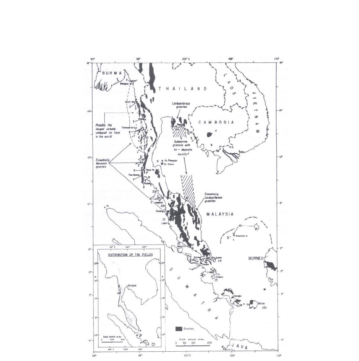 The offshore tin areas of southeast Asia, the general distribution of granites and tin belts (Hosking, 1971).