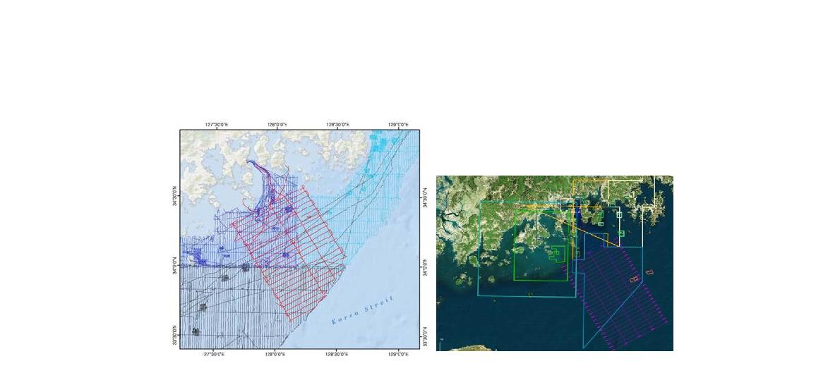 Track charts of national marine basic maps(L) and 와 survey blocks of coastal mapping program (R) from KHOA