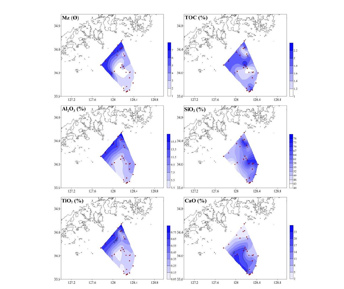Spatial distribution of major elements, Mz and TOC in surface sediments