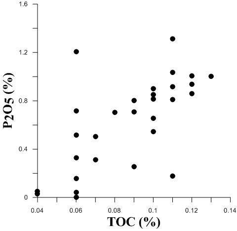 Relationship between TOC (%) and P2O5 (%) in surface sediments.
