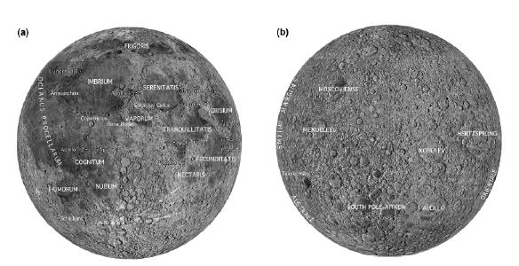 달 전면(좌, a)과 후면(우, b)의 알베도 차이에 의해 구분되는 지각 분포특성.
