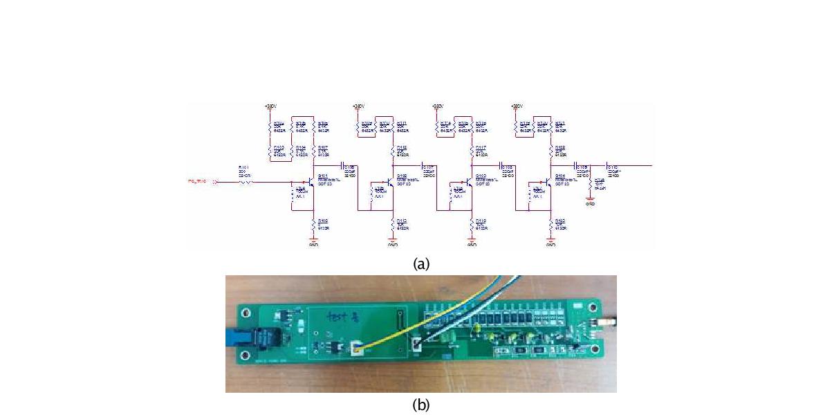 (a) Avalanche Transistor를 이용한 4단 Marx Generator의 회로도 및 (b) 구현된 Avalanche Transistor형 펄스 발생기