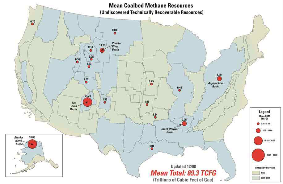 미국 내 석탄층가스 자원량 분포