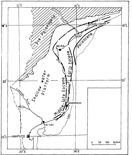 Scheme of the migration of Paleocene-Eocene shelf margin buildups in the Mozambique Basin. Thick lines show successive position of the carbonate shelf outer edge during the Paleocene