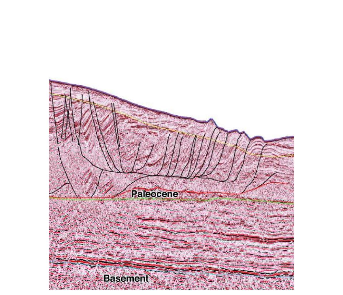 A prestack time-migrated seismic section of Ruvuma Basin, showing numerous toe thrusts. The Toe thrusts act as a migration pathway for the gas generated in the Jurssic to Cretaceous source rocks