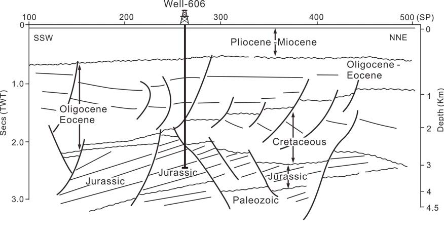 SSW-NNE cross-section including the well 606