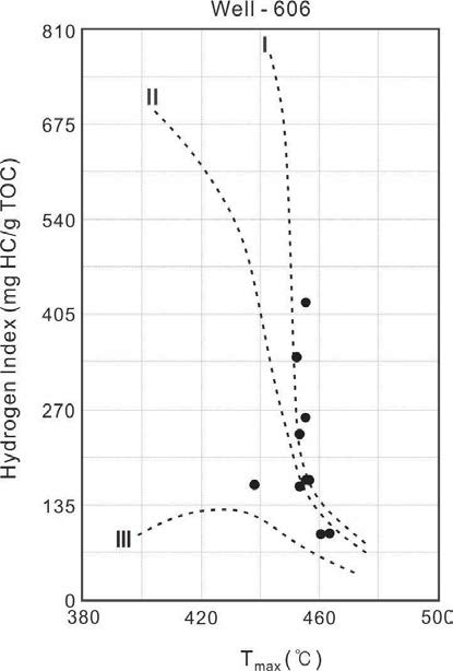 Rock-Eval pyrolysis data plotted on Hydrogen Index vs. Tmax diagram.
