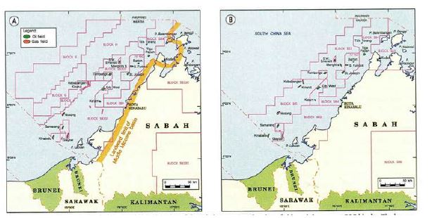 Map of western Sabah basin with (A) the location of the Sabah basin and (B) the old PSC block.