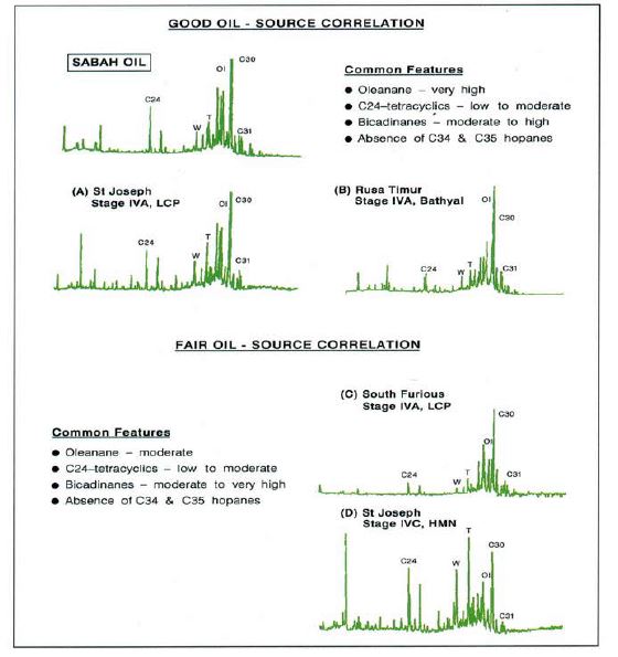 Oil-source correlation between source rock samples and Sabah oils.