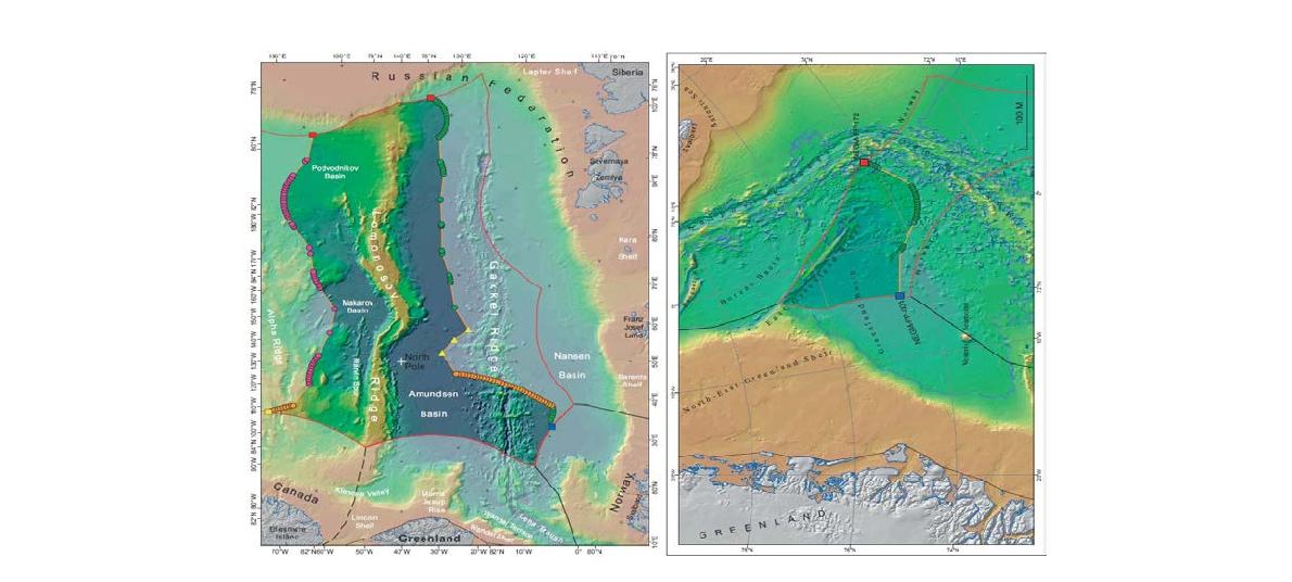 Submitted Danish outer limit of continental shelf in the Northeast of Greenland and North of Greenland in 2013 (left) and 2014 (right), respectively.