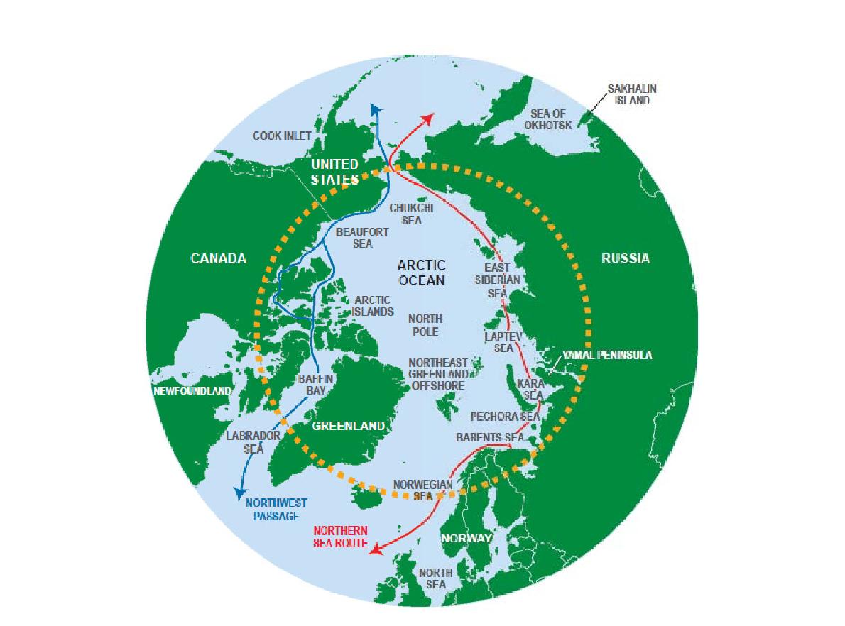 Arctic Circumpolar Map Highlighting the Arctic Circle in Orange and Key Regions and Sea Routes.